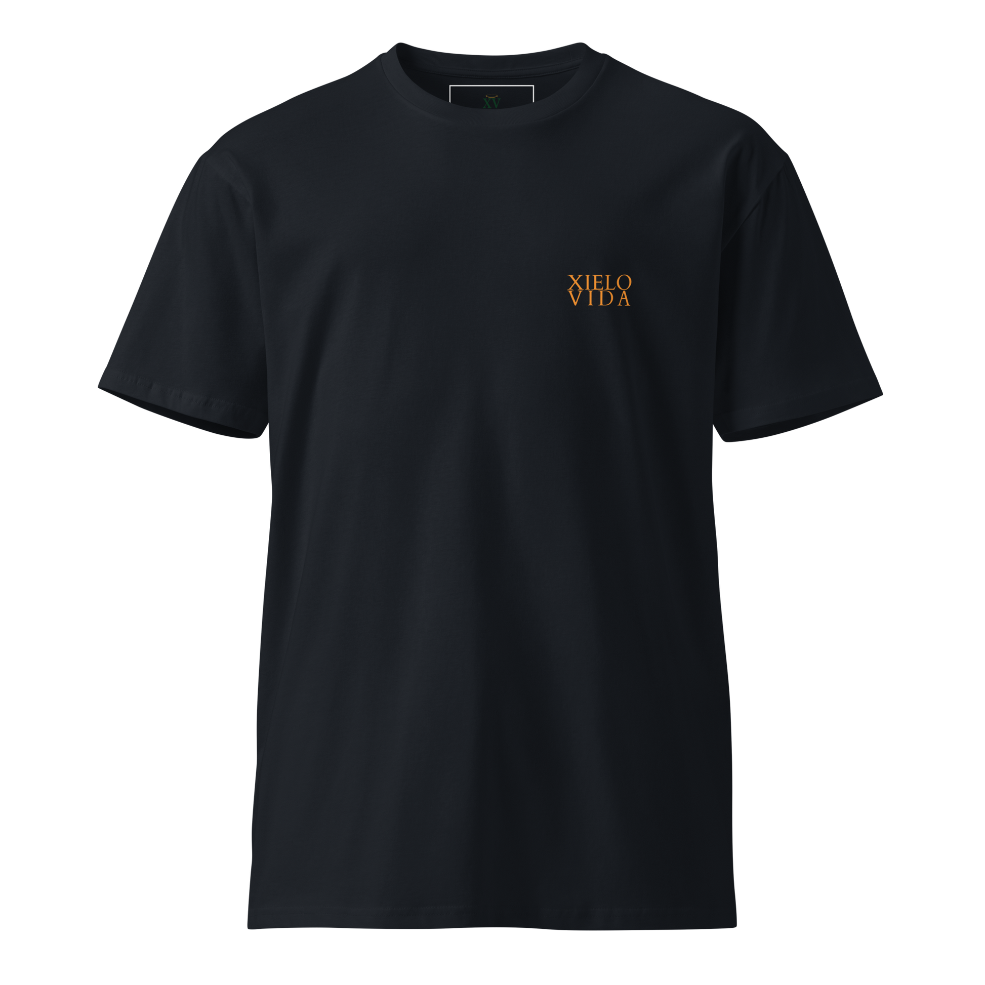 Front view of a navy mens t-shirt featuring the Xielo Vida logo in gold on the left chest.