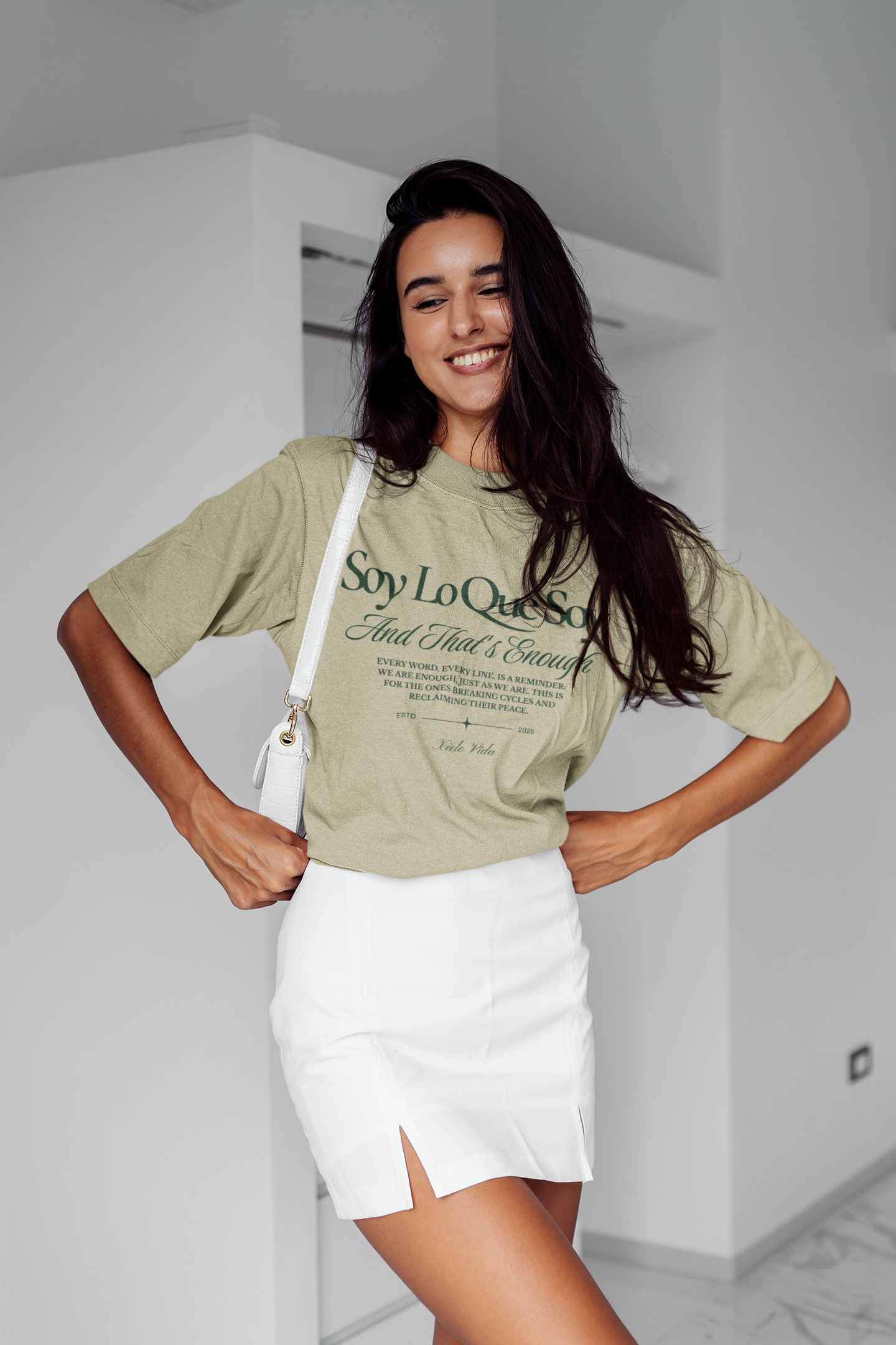 Soy Lo Que Soy. And That’s Enough. – Women’s Oversized Affirmation Tee (Faded Eucalyptus)